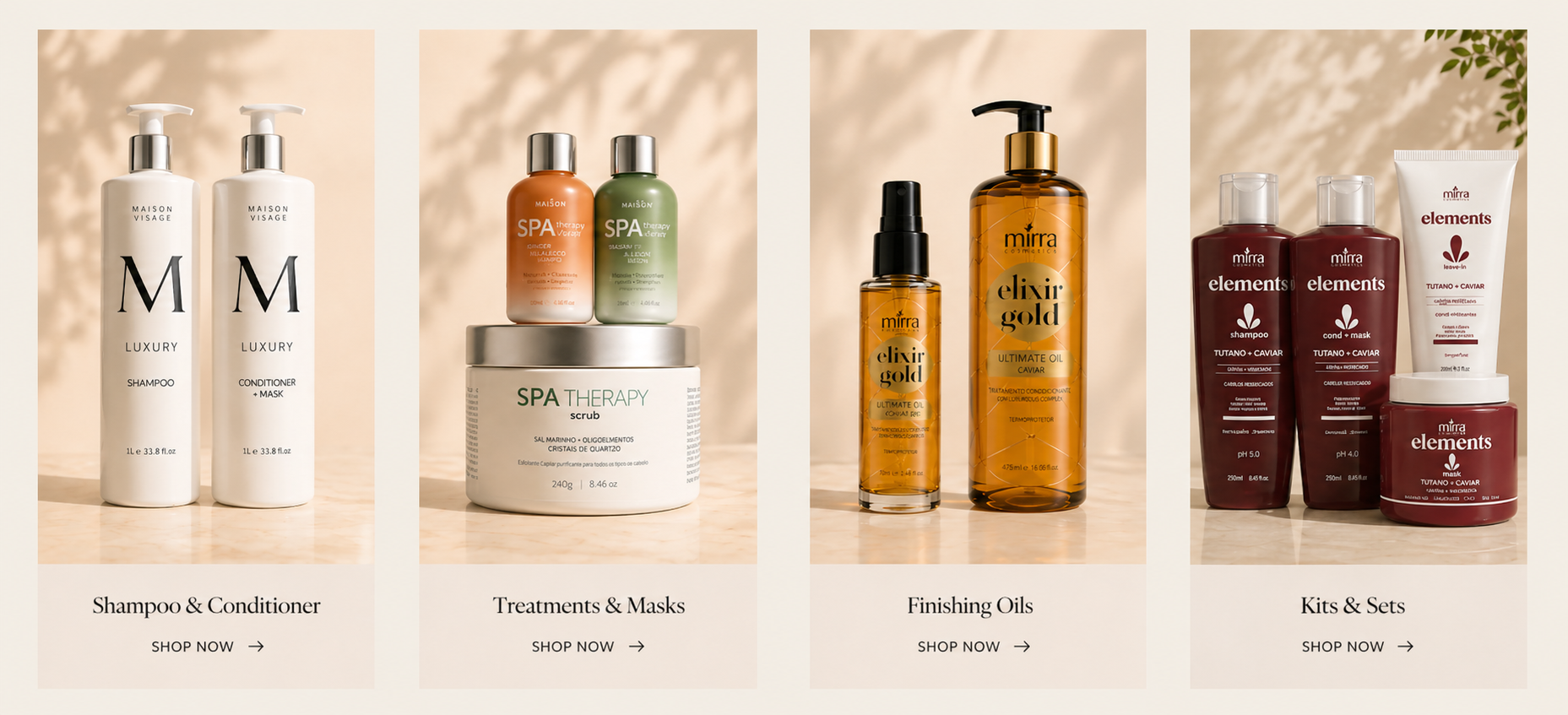 Shop by category - Shampoo & Conditioner, Treatments & Masks, Finishing Oils, Kits & Sets