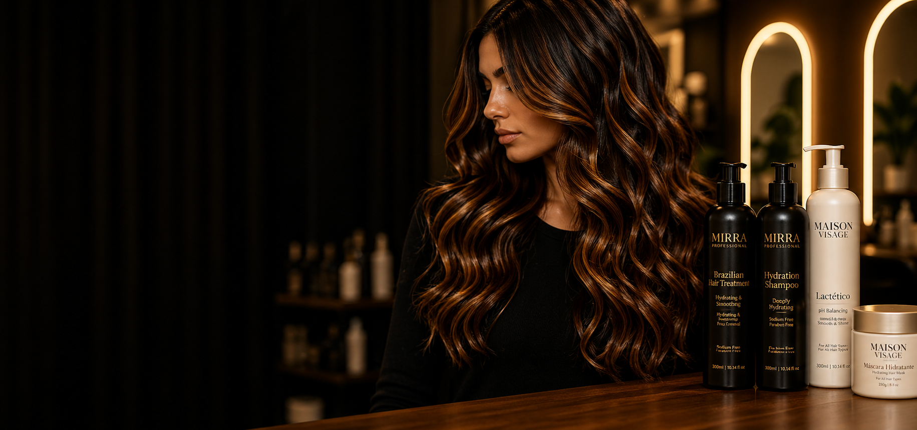Brunette woman in dark salon with Mirra Professional and Maison Visage products — Aurora Bonita hero