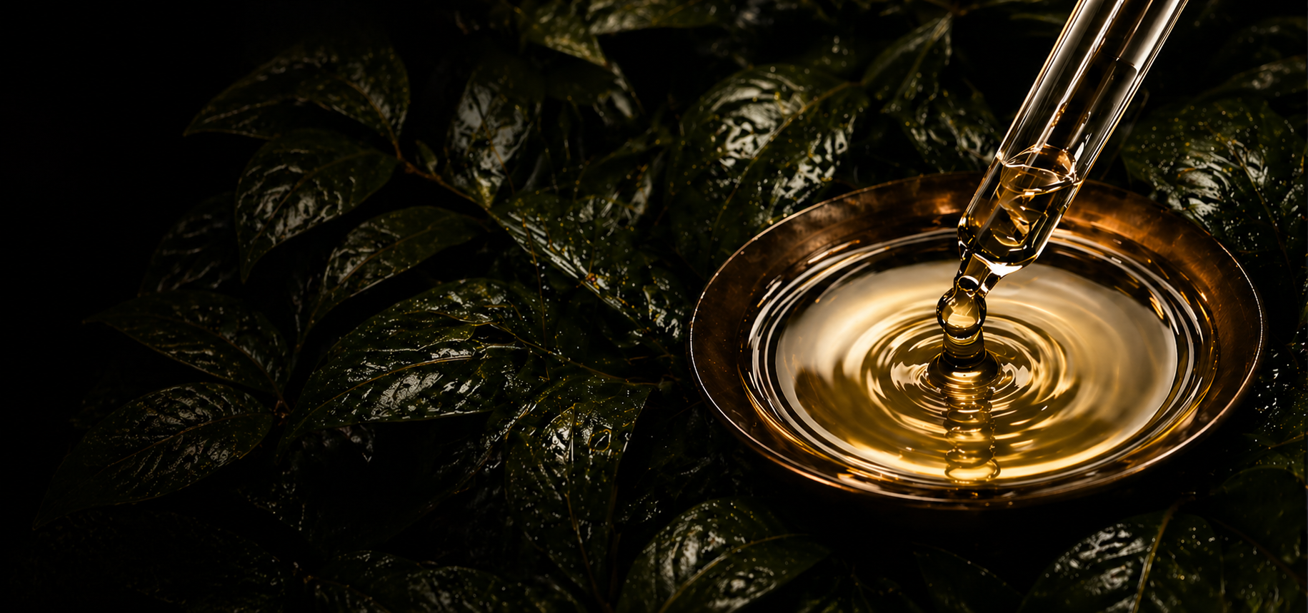 Botanical oil pour over green leaves — Aurora Bonita brand story background
